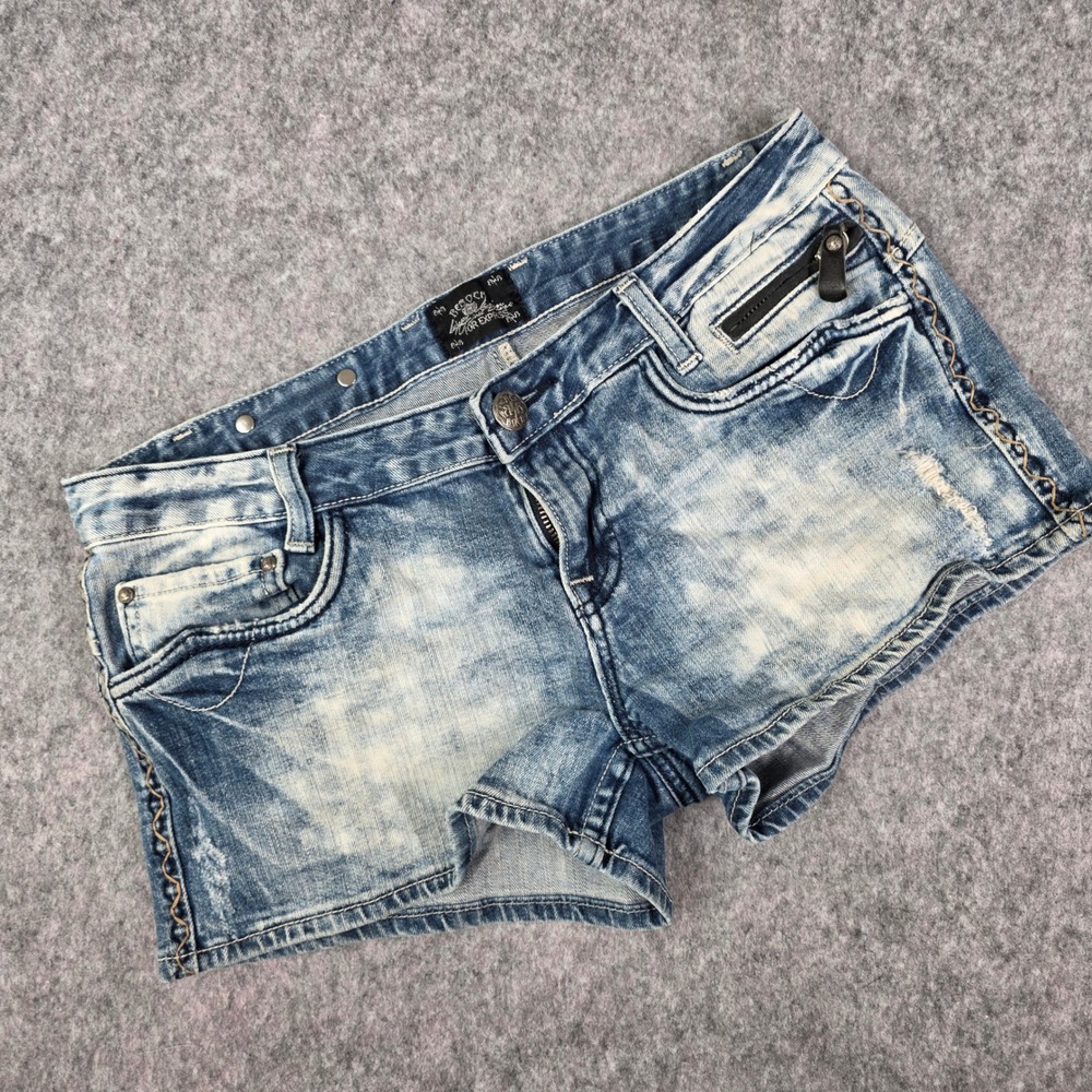 ReRock Express Denim Shorts Y2K Blue Acid Wash Low Rise Embroidered sz 10 Edgy